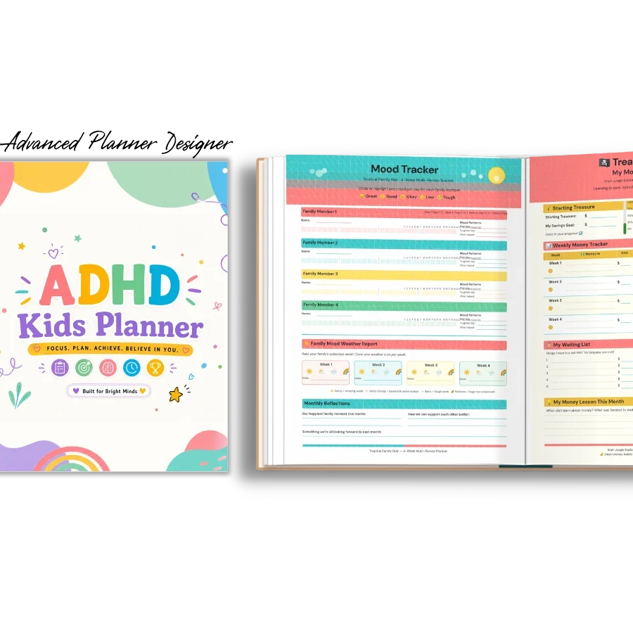 ADHD planner interior spread with clearly divided colorful planning sections