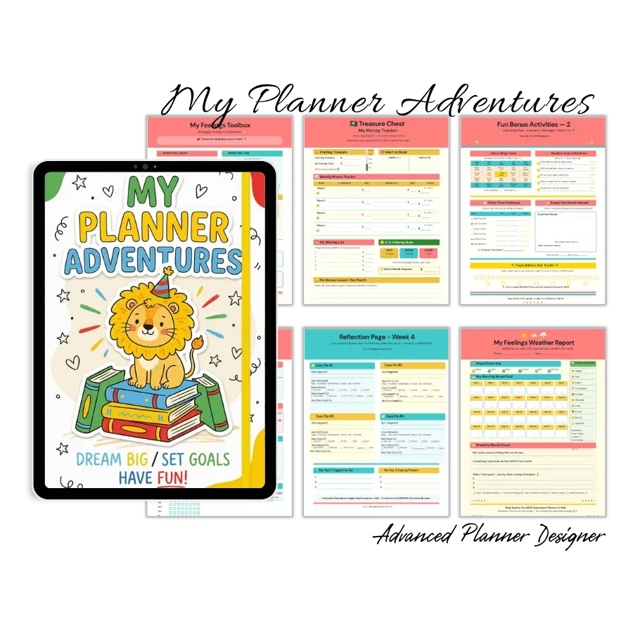 My Planner Adventures tablet cover with a cheerful lion and colorful planning pages on a black background