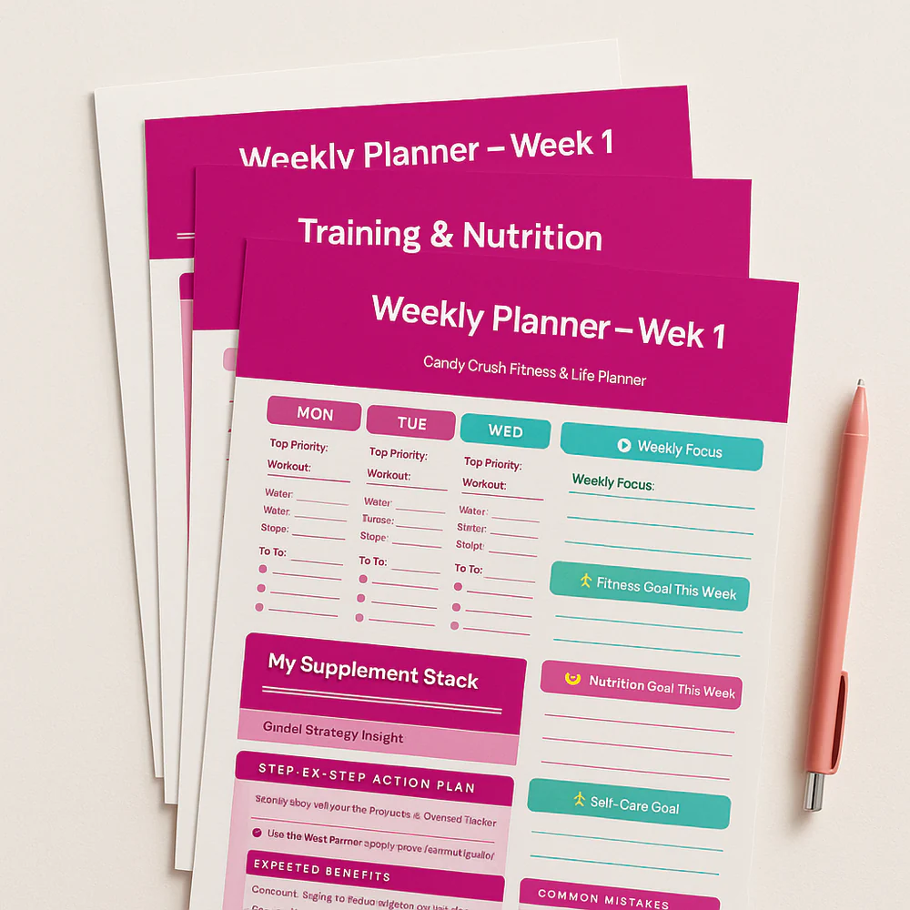 Stack of magenta Weekly Planner pages for training and nutrition, arranged with a pink pen.