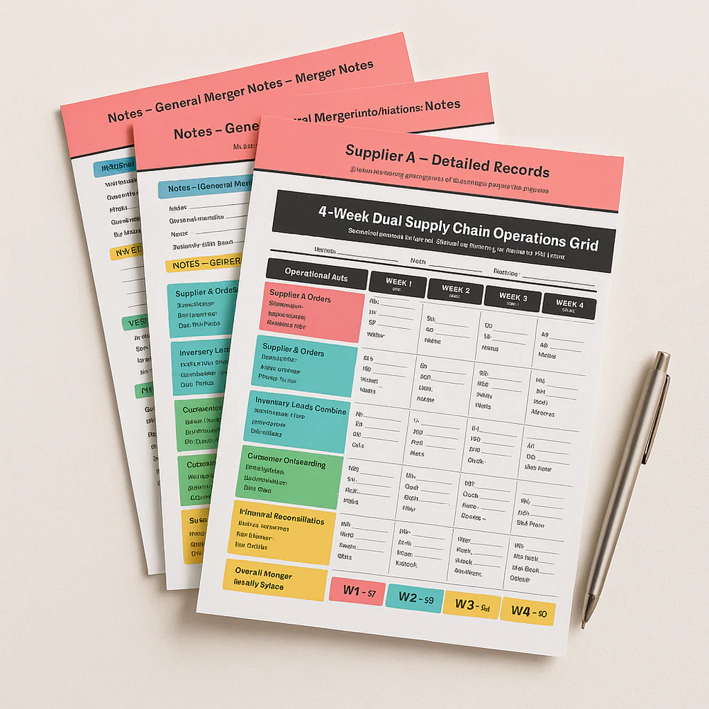 Several pastel planner worksheets with pink, mint and yellow sections arranged with a pen.