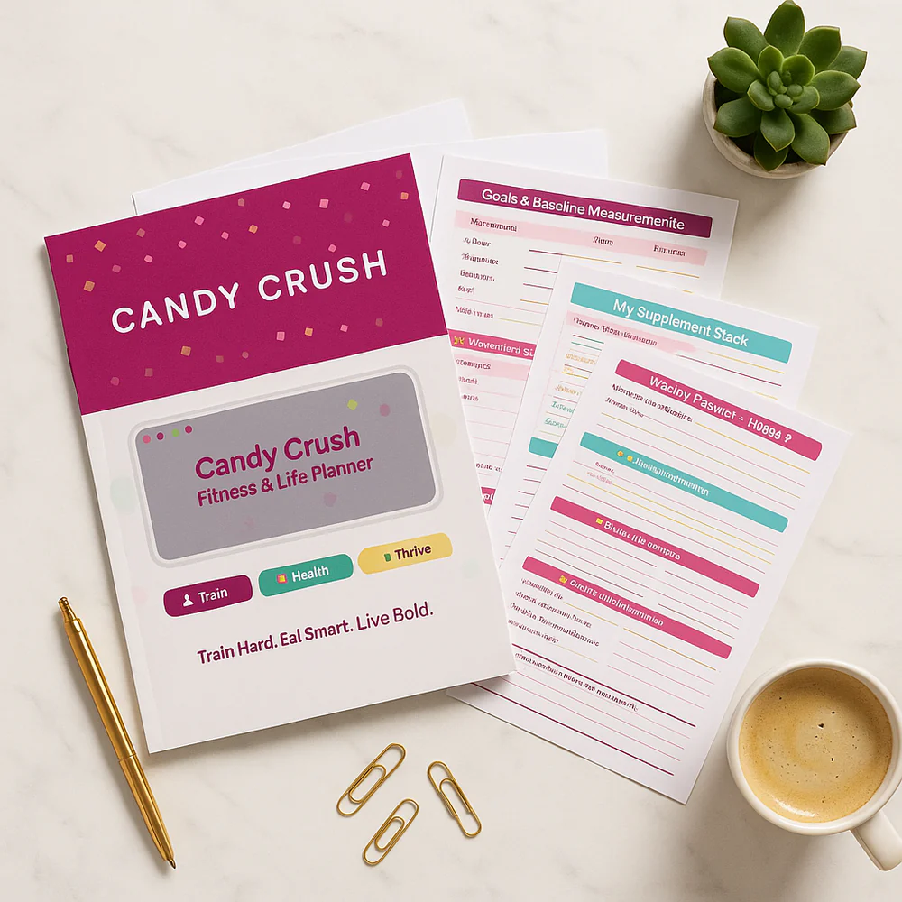 Candy Crush planner cover and coordinated pink-and-teal pages arranged with a cup and plant.