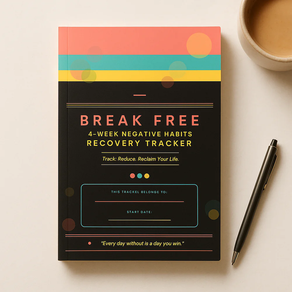 Break Free ADHD Daily Planner cover with coral and teal bands, a pen and desk accessories.