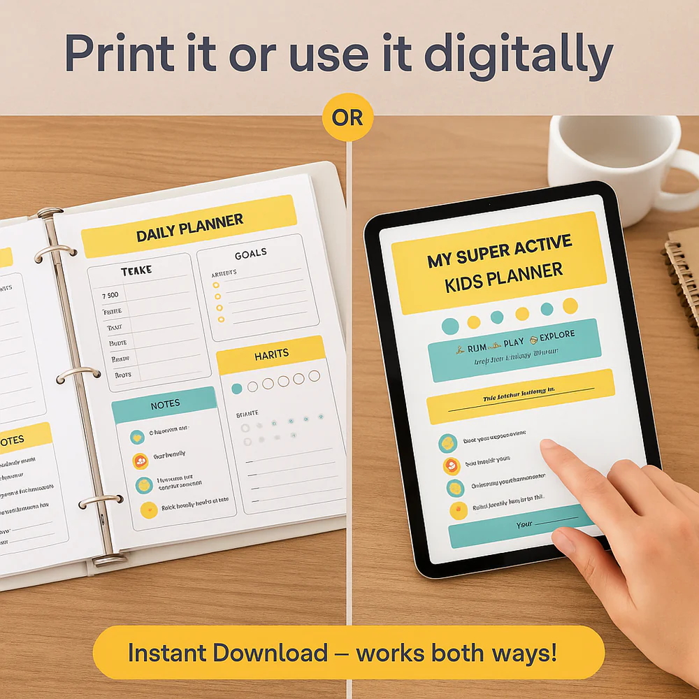 Printed planner pages and a tablet showing matching layouts with text about print and digital use.