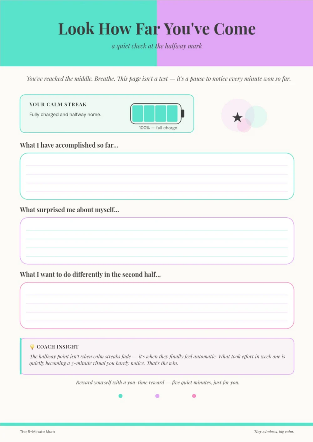 Pastel reflection worksheet headed “Look How Far You’ve Come,” with turquoise and pink panels.
