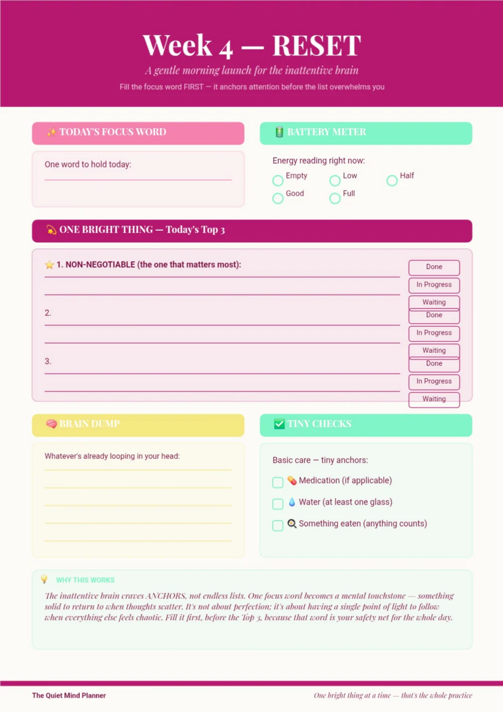 Quiet Mind planner reset worksheet with a magenta title band and softly colored reflection sections.