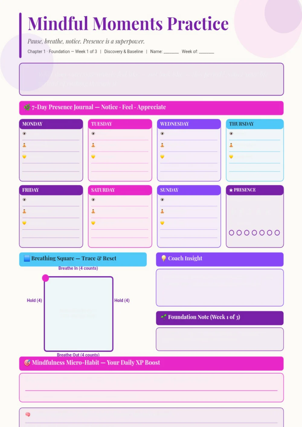 Mindful Moments Practice page with purple and teal blocks and a central writing area.
