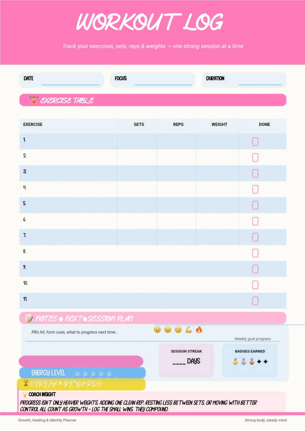 Workout Log planner page with a pink title bar and a ruled weekly activity table.