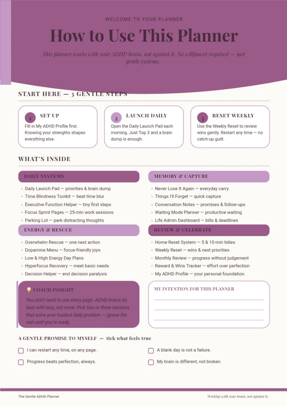 Planner introduction page headed “How to Use This Planner,” with a purple banner and short guidance sections.