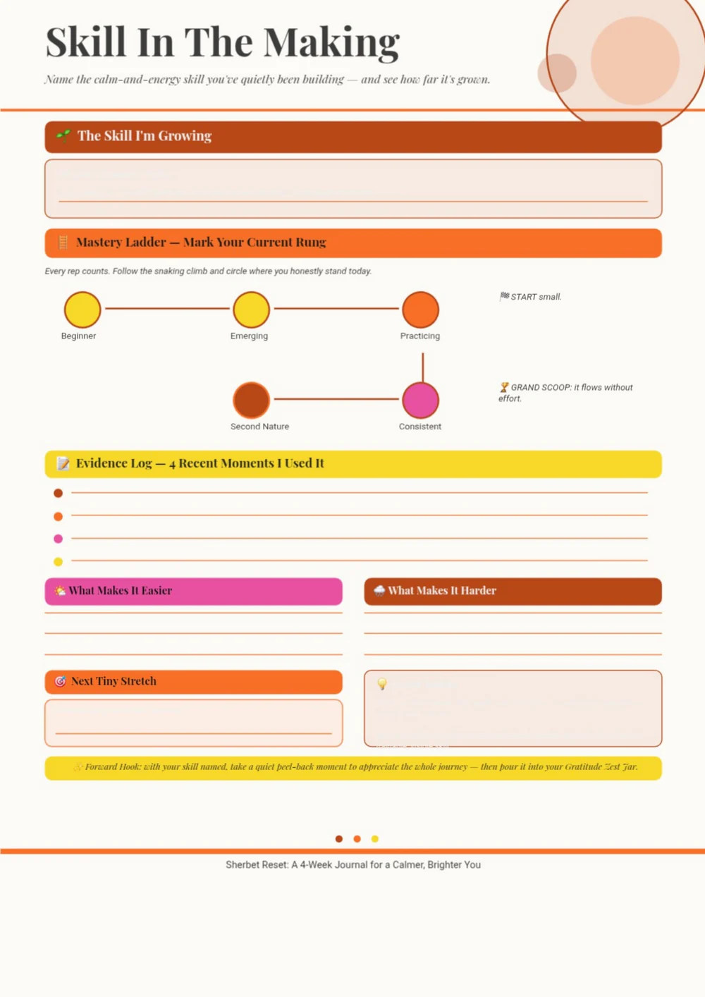 Skill In The Making page with a yellow title area, colorful milestone dots and writing space.
