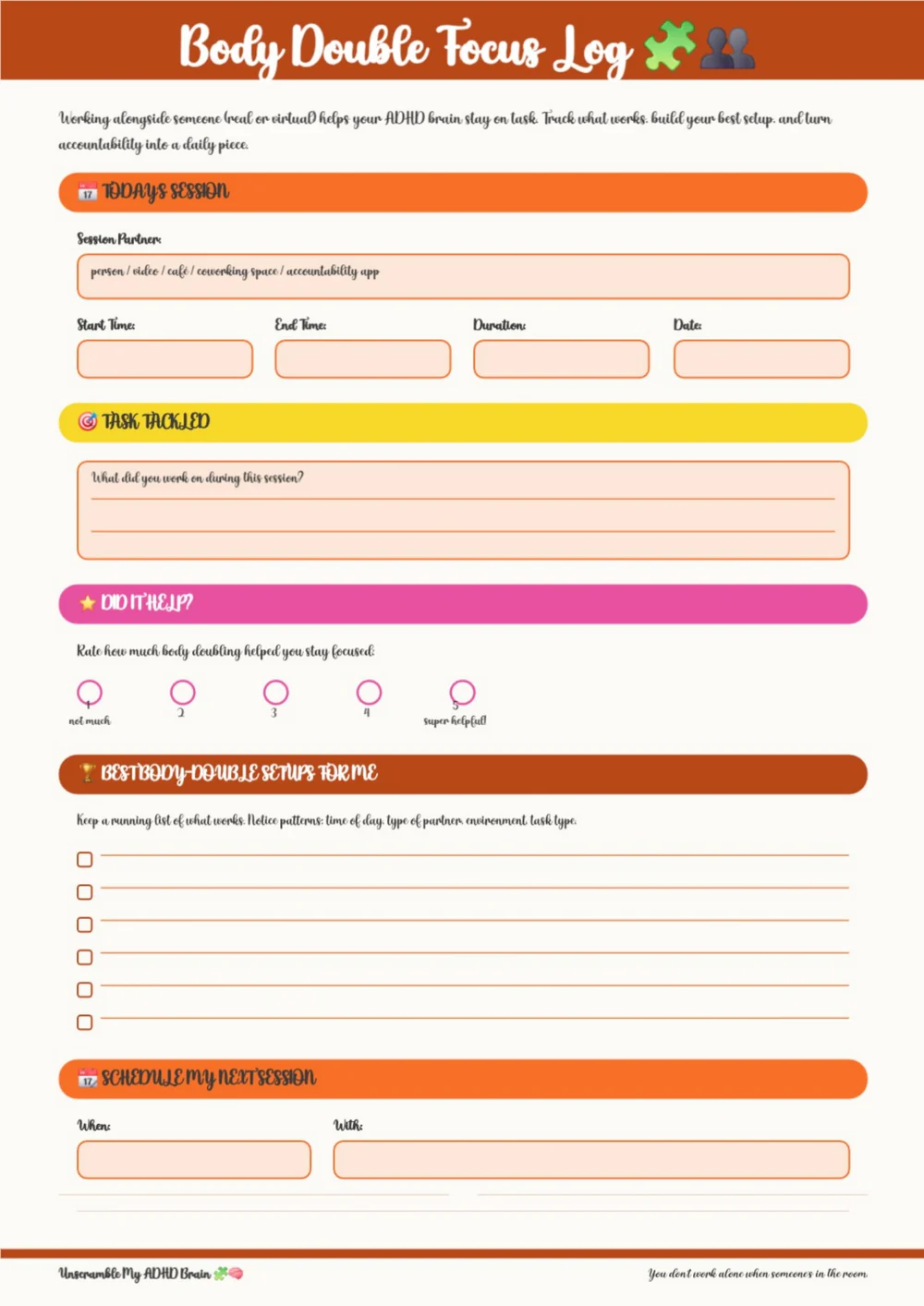 Creator-supplied weekly planning page with a warm orange heading and color-coded prompt sections.