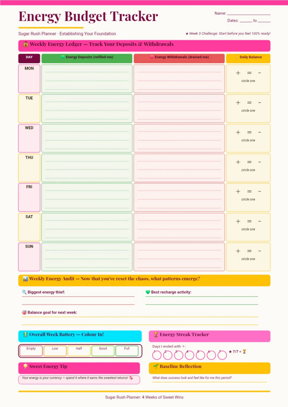 Energy Budget Tracker page with purple and pink section bars and a color-coded tracking grid.