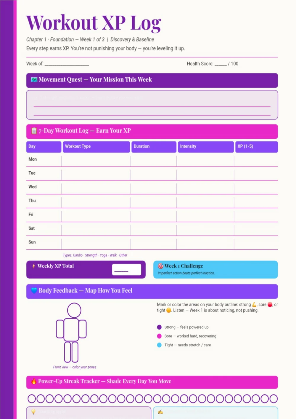 Level Up check-in worksheet with a bright title band, progress prompts and colored planning blocks.