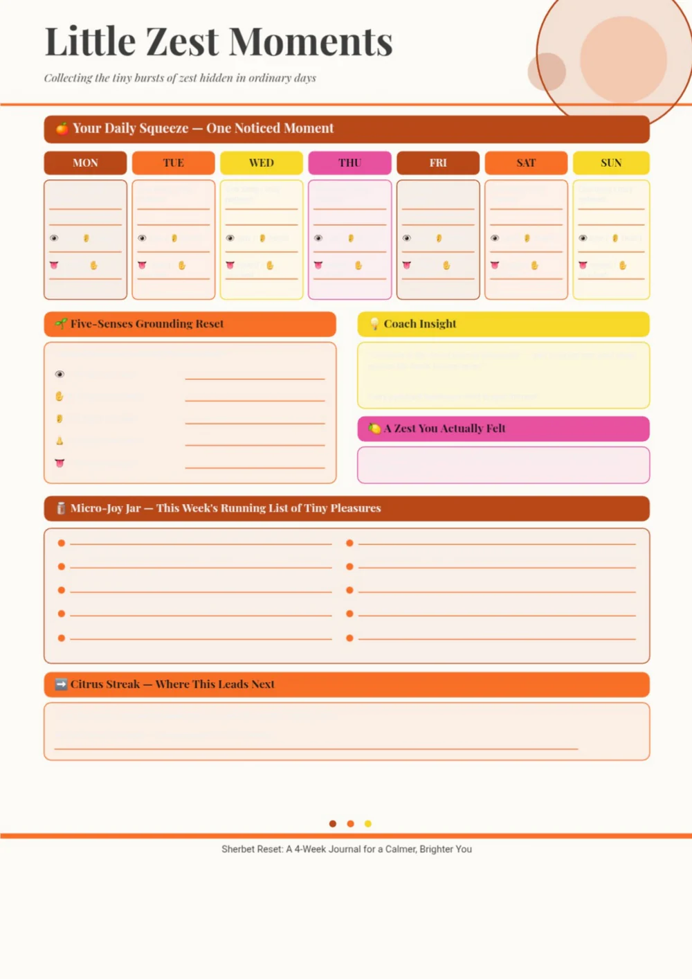 Sherbet Reset reflection worksheet with a magenta heading and softly colored writing sections.