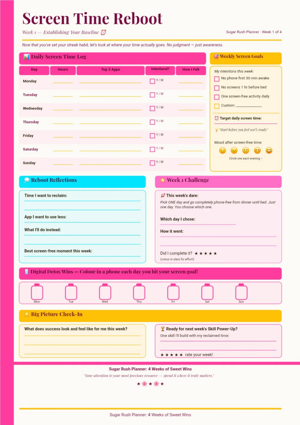 Sugar Rush weekly planner page with pink, yellow and teal sections for short planning prompts.