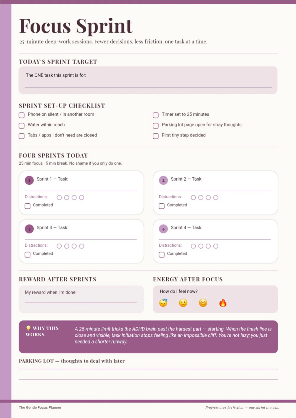Focus Sprint planner page with a purple title, task list and uncluttered writing sections.