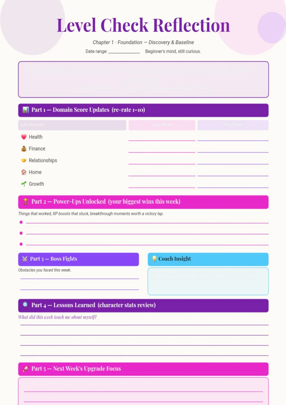 Level Check Reflection worksheet with purple headings and several colored writing panels.