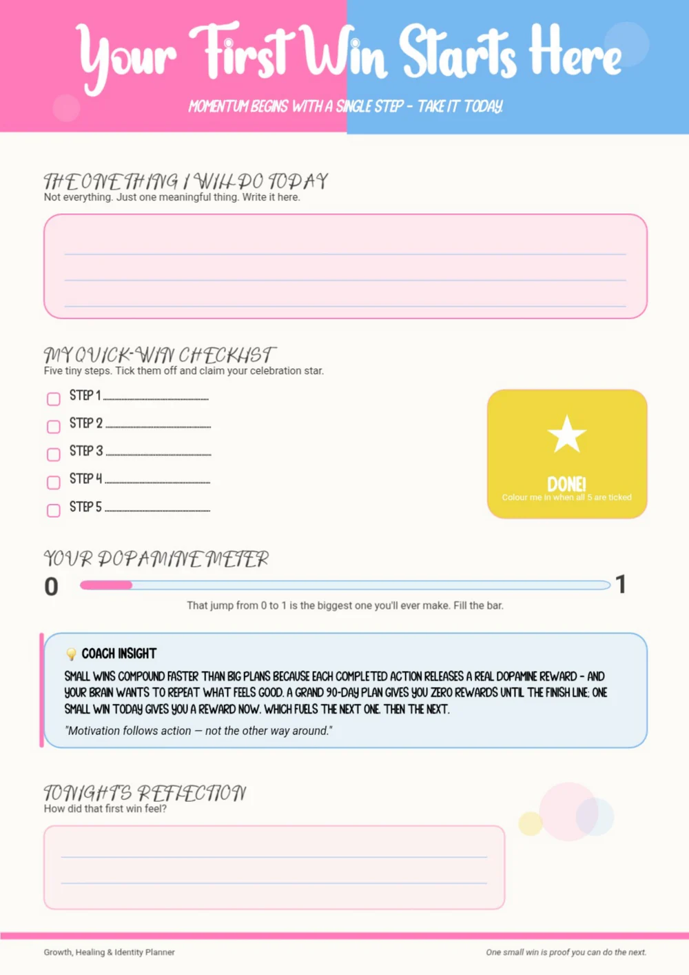 Your First Win Starts Here worksheet with a pastel blue and pink title banner and reflection prompts.