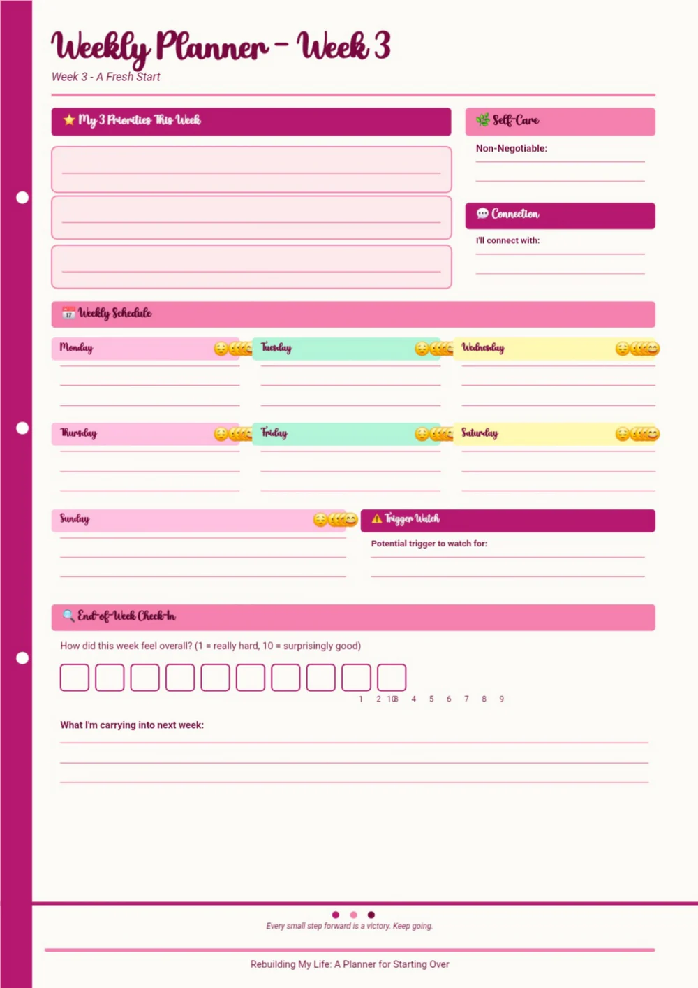 Weekly Planner page with a burgundy heading, color-coded schedule and writing areas.