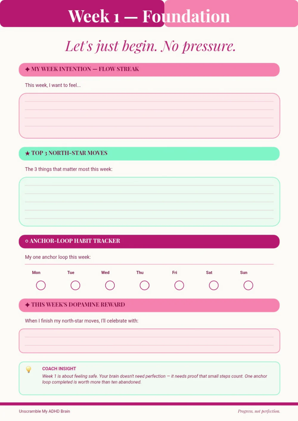 Week of Foundations worksheet with a pink heading and a sequence of structured planning sections.