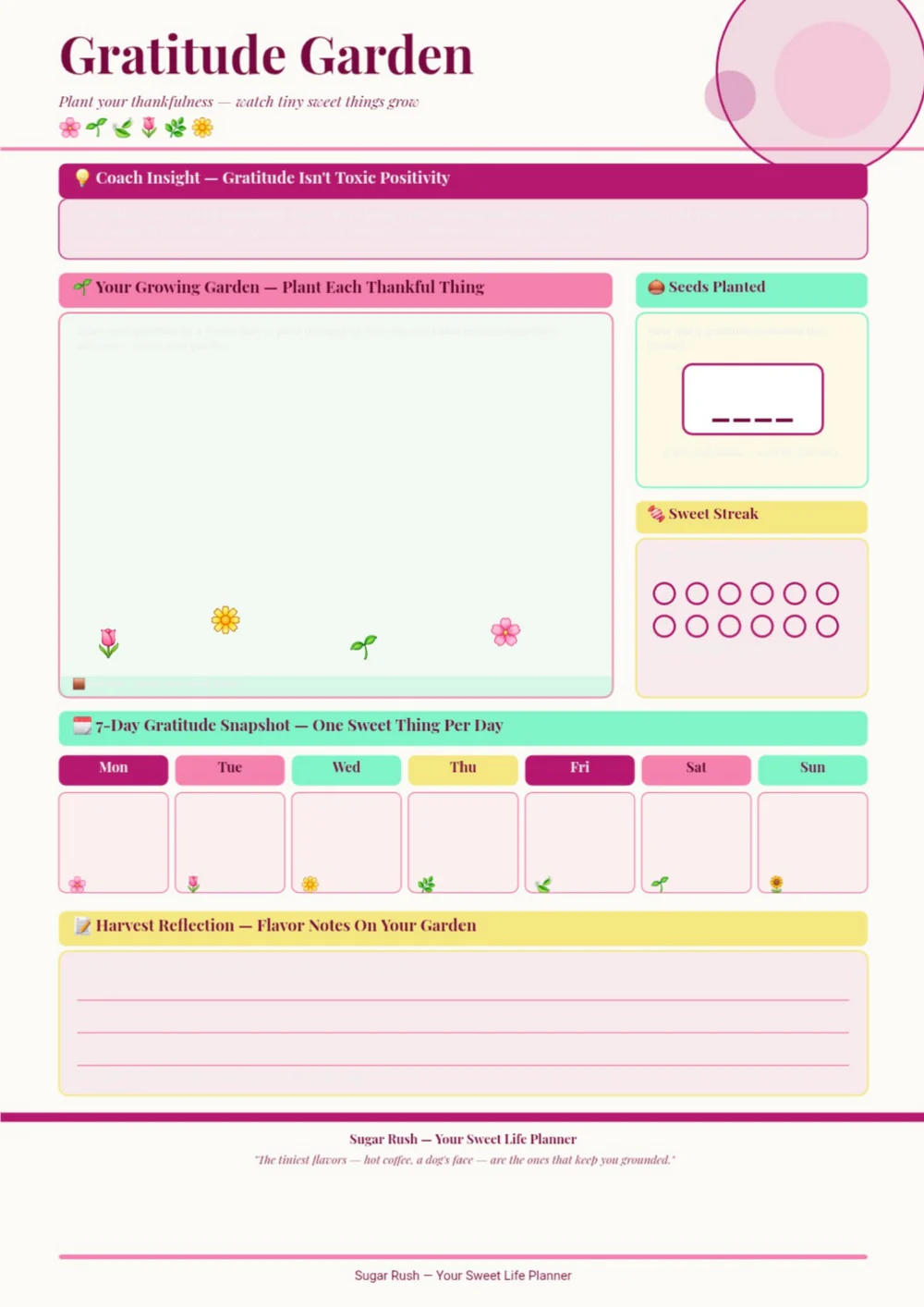 Gratitude Garden page with a pink heading, a calendar-style grid and pastel reflection fields.