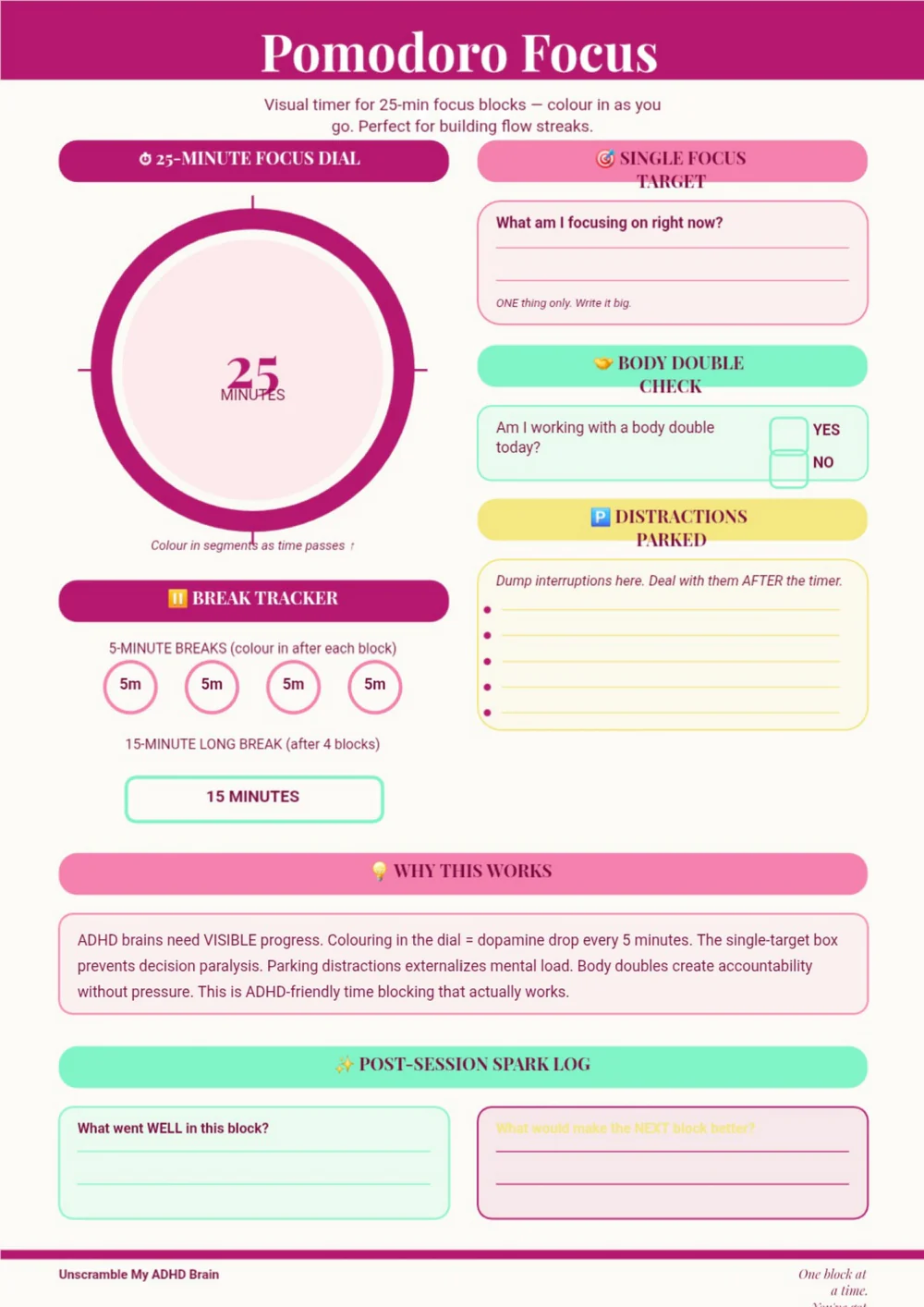 Pomodoro Focus planner page with a pink title band, timer circles and structured focus sections.