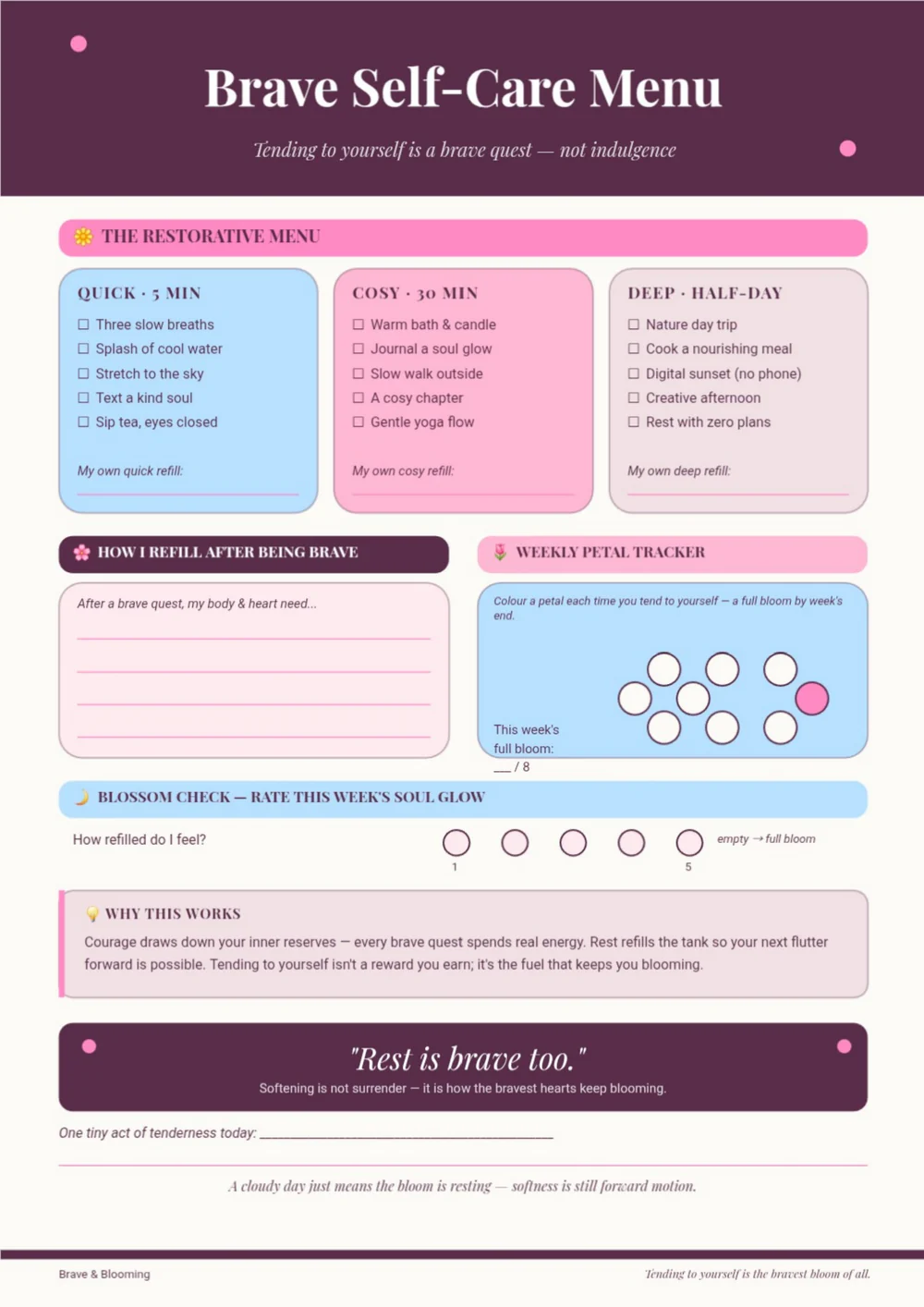 Brave Self-Care Menu page with a plum title and pastel self-care prompt sections.