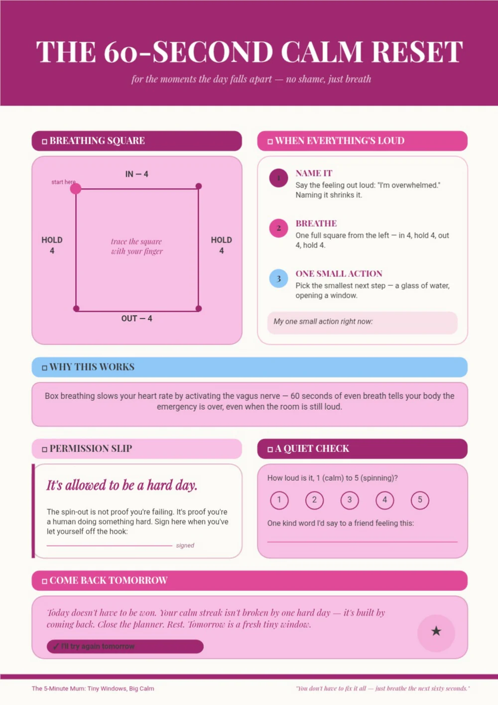 The 60-Second Calm Reset worksheet with pink panels, brief prompts and breathing check-ins.