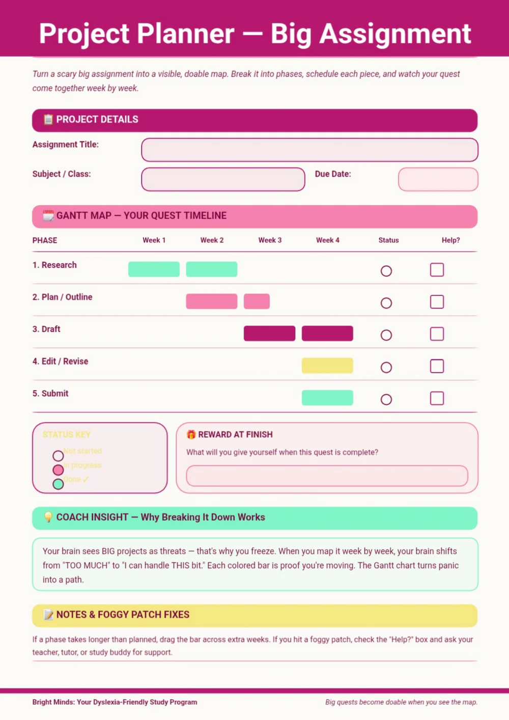 Project Planner for a Big Assignment with a pink heading, timeline rows and task-planning fields.
