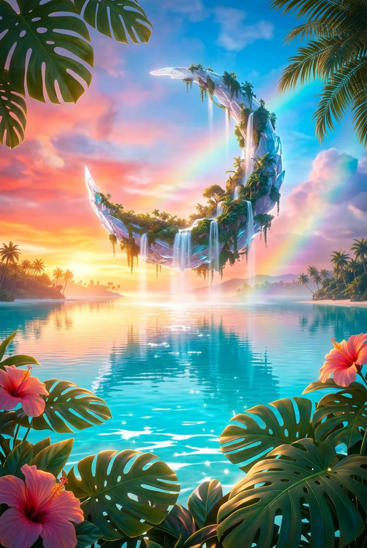 Turquoise lagoon and tropical flowers beneath a glowing rainbow arch at sunset.
