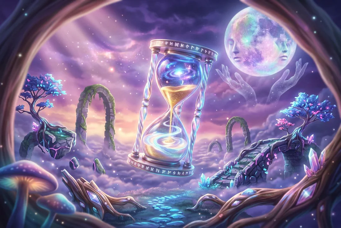 Surreal purple night landscape with a luminous hourglass, floating arches and a moon in the sky.