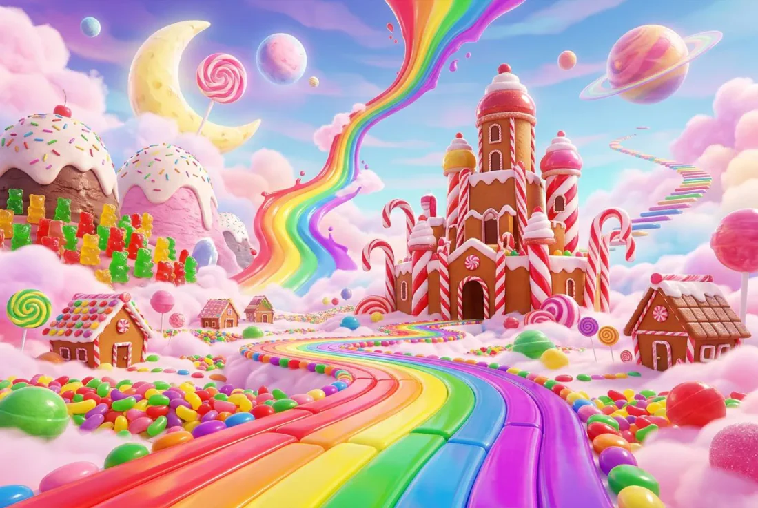 Pastel candyland with a rainbow road, gingerbread houses, sweets and planets in a bright sky.