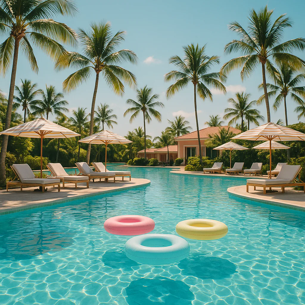 Clear resort swimming pool with palm trees, umbrellas and colorful floating rings.