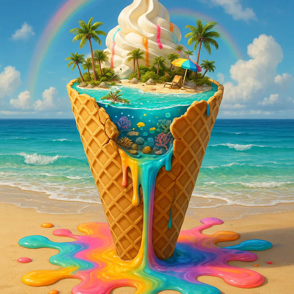 Small tropical island and palms rising from an ice-cream cone above a turquoise sea.