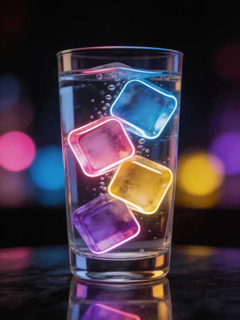 Glowing pink, blue and yellow ice cubes inside a glass against a dark background.