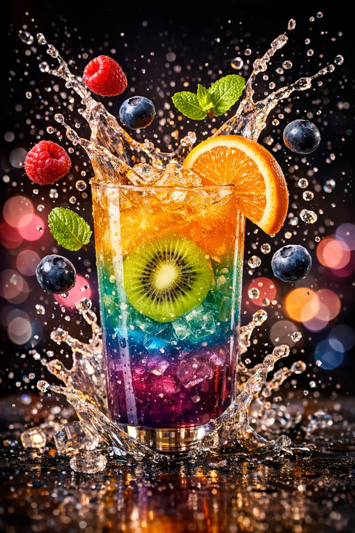 Colorful layered drink splashing with citrus and berries against a dark background.