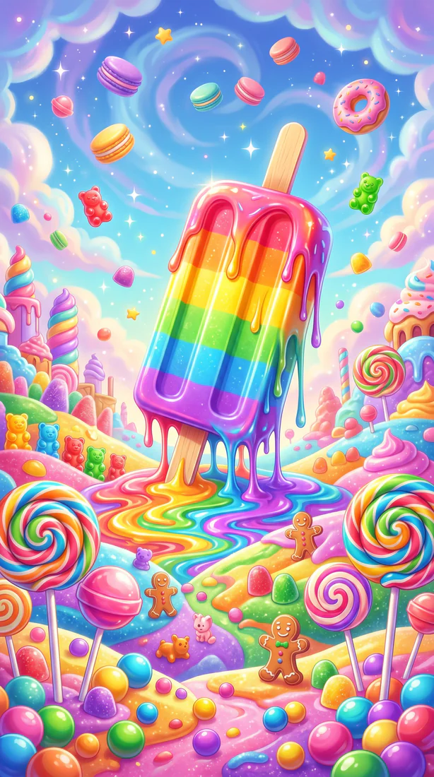 Bright rainbow popsicle floating among candy-colored swirls and sweets.