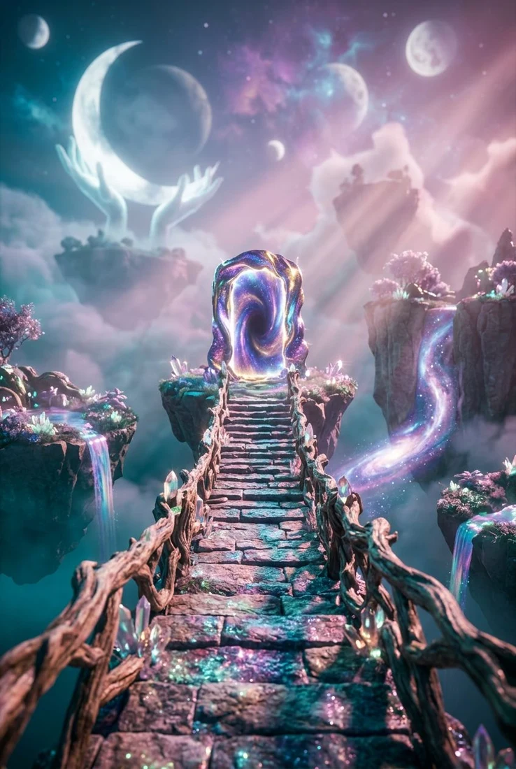 Stone bridge leading to a glowing portal beneath crescent moons in a pastel fantasy landscape.