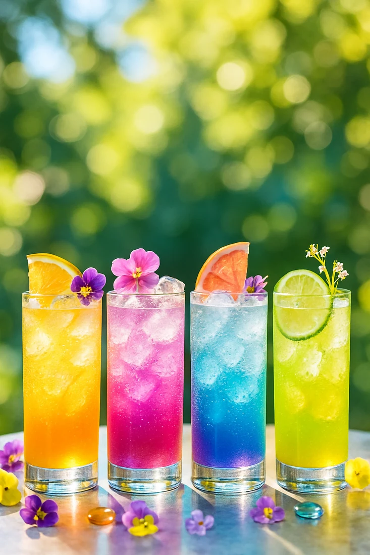 Four bright yellow, pink, blue and green summer drinks garnished with fruit and flowers.