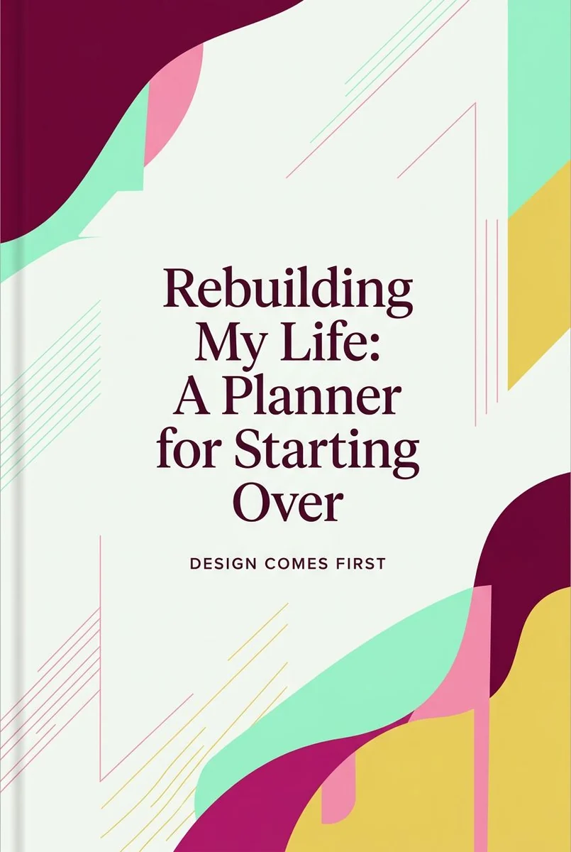 Geometric planner cover titled “Rebuilding My Life: A Planner for Starting Over,” with burgundy, mint, pink and yellow shapes