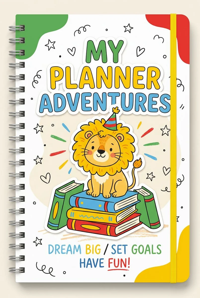 Spiral-bound kids planner cover with a smiling lion sitting on books and the words “Dream Big / Set Goals / Have Fun!”