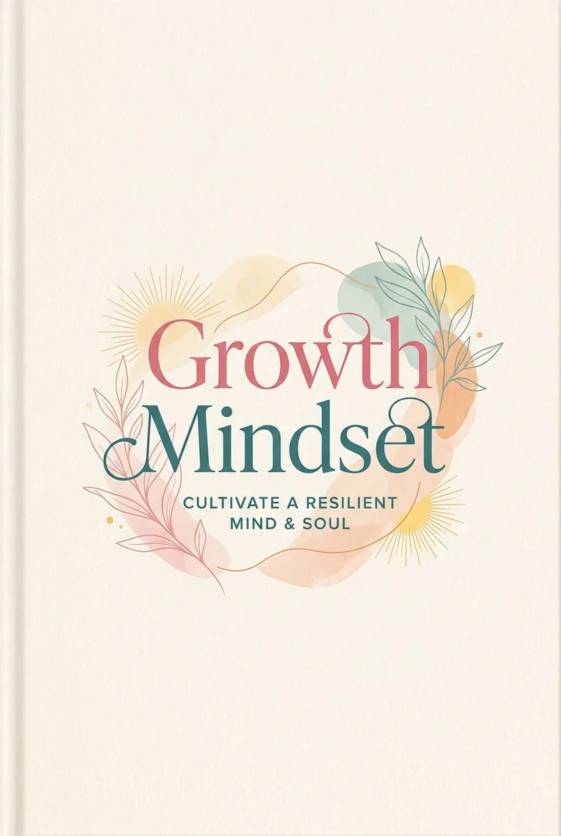 Minimal ivory “Growth Mindset” cover with soft watercolor shapes, leaves and sunburst details