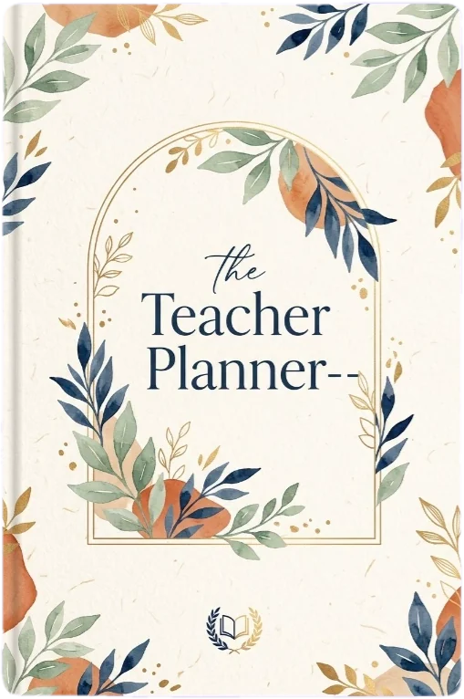 Ivory Teacher Planner cover framed by muted blue, green and rust-colored botanical leaves