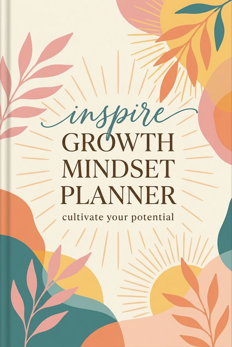 Colorful botanical cover titled “Inspire Growth Mindset Planner,” with coral, gold and teal leaves