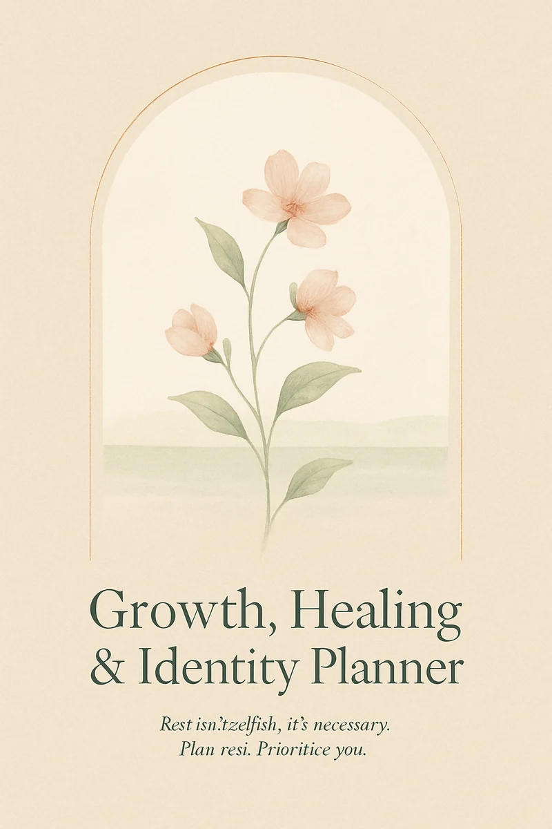 Cream planner cover with a small watercolor flower and the title “Growth, Healing & Identity Planner”