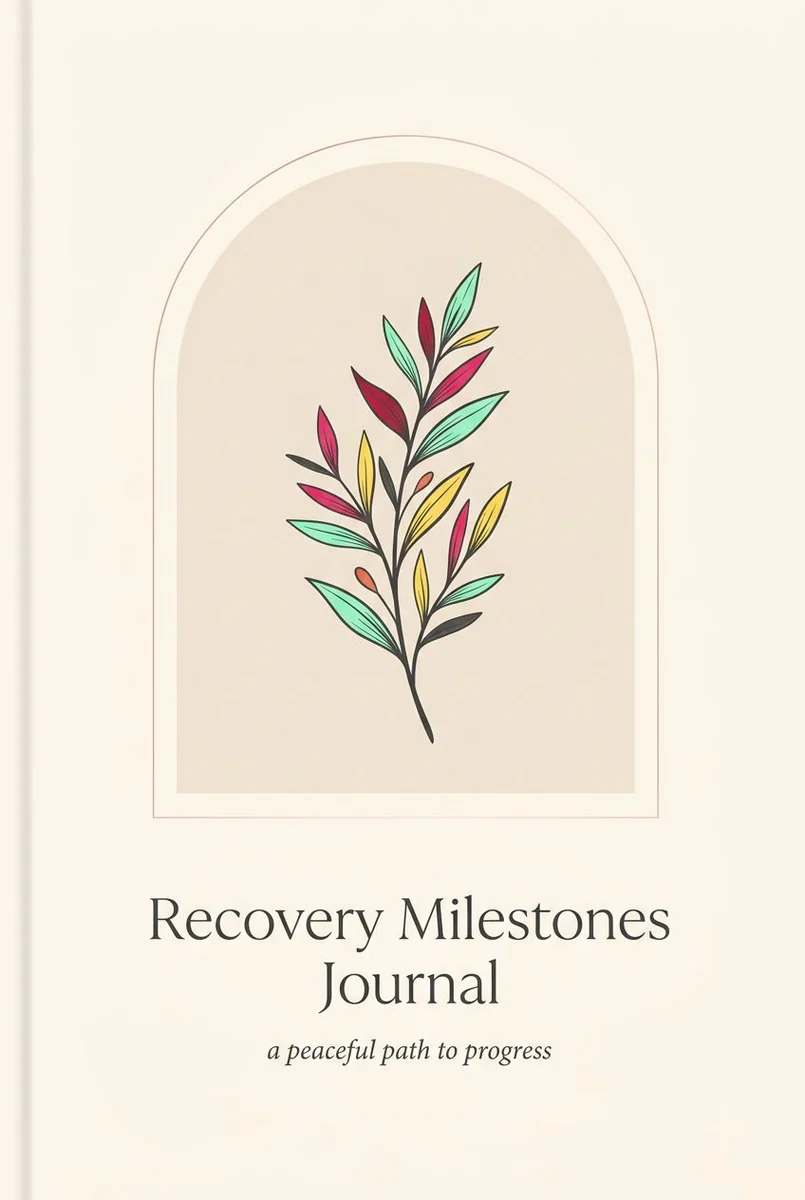 Cream Recovery Milestones Journal cover with a small branch of colorful leaves