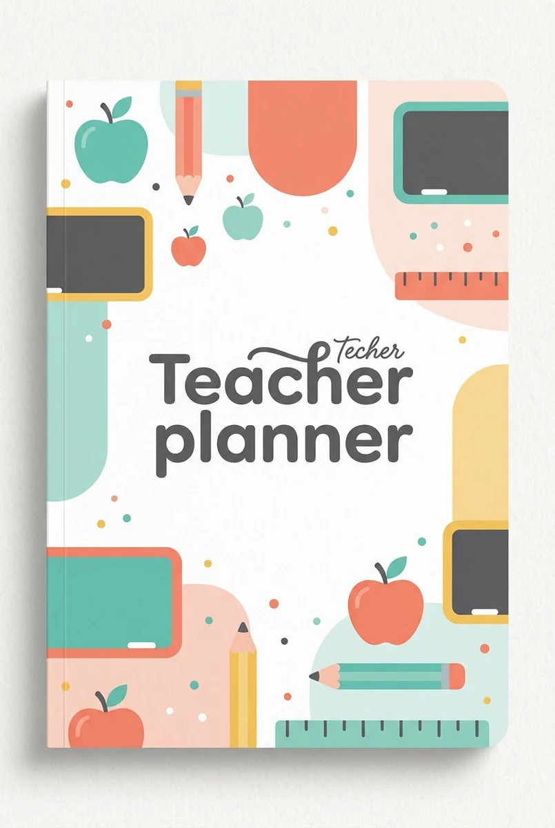 Teacher Planner cover with a bright classroom motif of apples, pencils, rulers and chalkboards