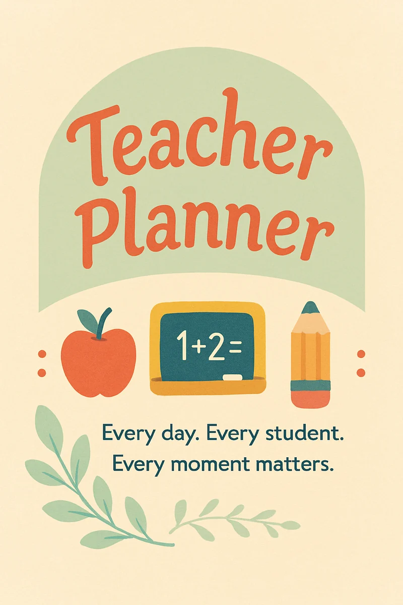 Simple cream and sage Teacher Planner cover with an apple, a chalkboard and a pencil