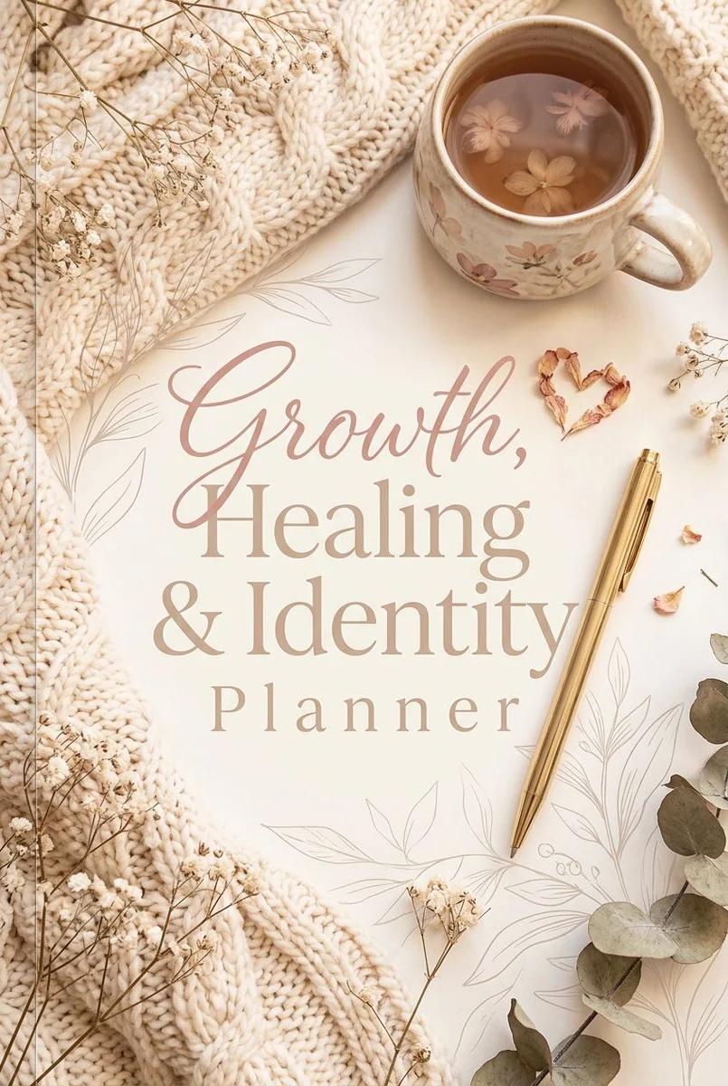 Styled flat-lay artwork titled “Growth, Healing & Identity Planner,” beside a floral teacup and gold pen