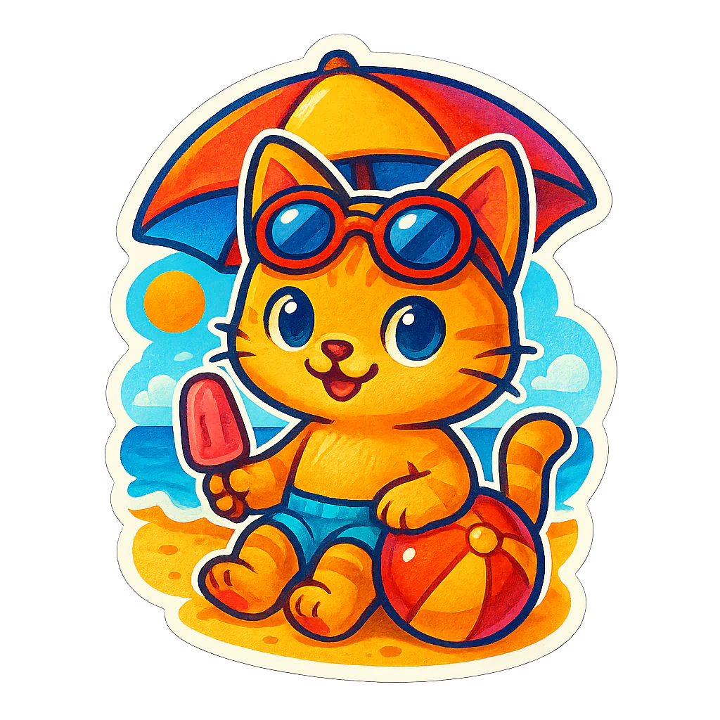 Orange cat wearing sunglasses in a bright beach scene