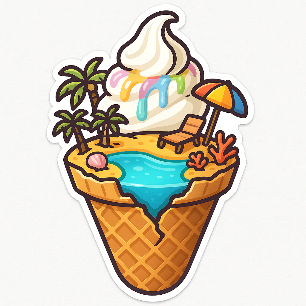 Illustrated tropical treat in a cone with palm leaves and a small beach umbrella